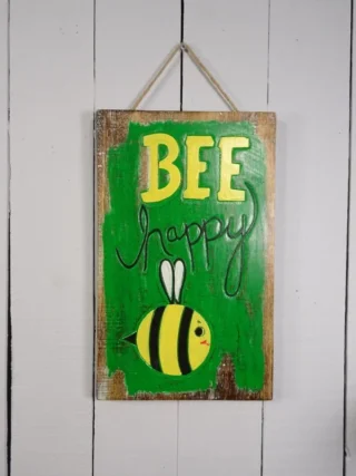 Wood Sign/Plaque 'Bee Happy' 40 x 25cm, Handcrafted