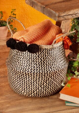 Black PomPom Seagrass Basket, Large, Handcrafted