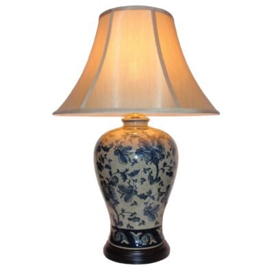 Pair of Blue Floral Vase Lamps, Porcelain