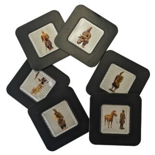 Set of six foam-backed coasters with terracotta warrior themed decoration. Each coaster features a different image of Terracotta Army members.