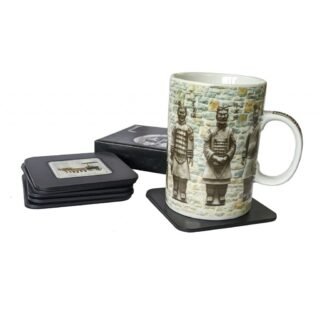 Set of six foam-backed coasters with terracotta warrior themed decoration. Each coaster features a different image of Terracotta Army members.