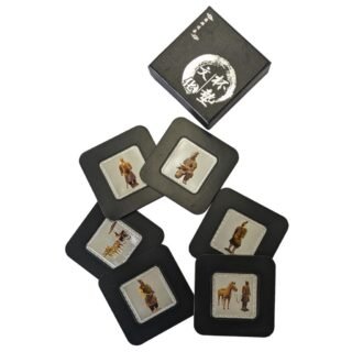Set of six foam-backed coasters with terracotta warrior themed decoration. Each coaster features a different image of Terracotta Army members.