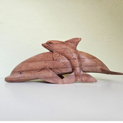 Vintage DOLPHIN WITH CALF, Wood Sculpture/Figurine, 35cm