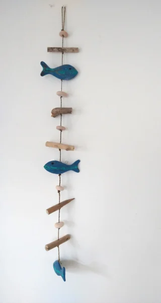 Handcrafted String of Driftwood Fish. 90 x 12cm