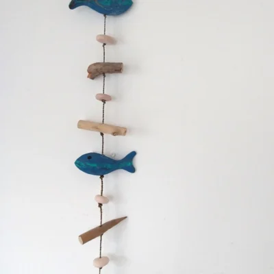Handcrafted String of Driftwood Fish. 90 x 12cm