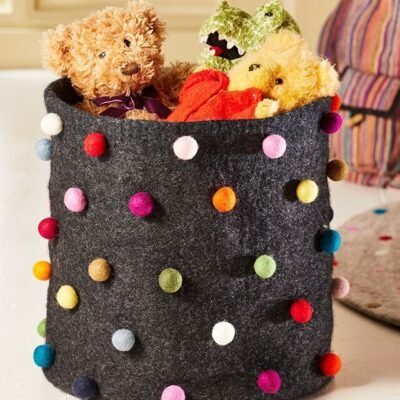 Felt Basket with Rainbow Felt Ball Decoration, 40 x 37cm