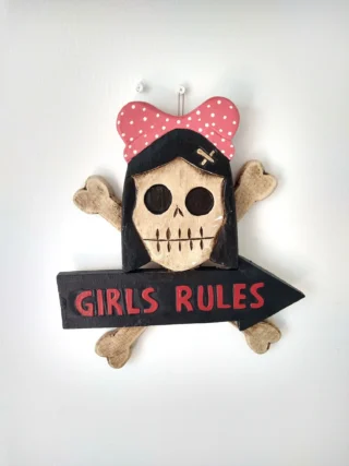 Wooden Pirate "Girls Rules" Sign 28 x 28cm, Handcrafted