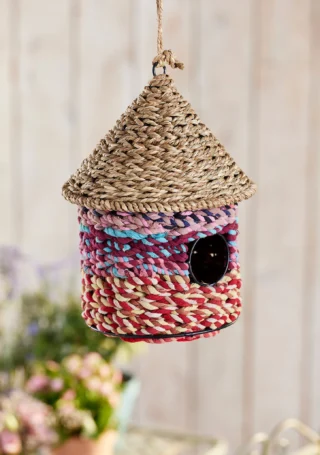 Grass & Recycled Sari Birdhouse, 19 x 19 x 26cm, Handcrafted