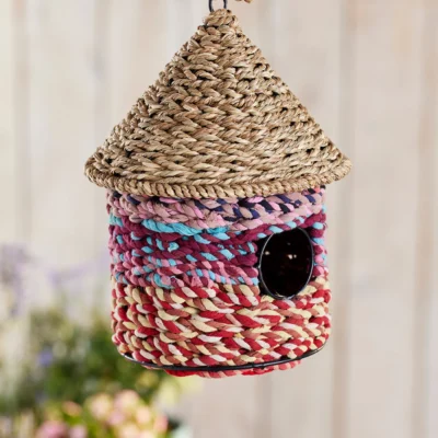 Grass & Recycled Sari Birdhouse, 19 x 19 x 26cm, Handcrafted