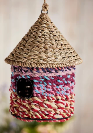Grass & Recycled Sari Birdhouse, 19 x 19 x 26cm, Handcrafted - Image 3