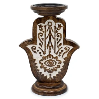 Large Candle Stand, Hamsa, Mango Wood, 25cm