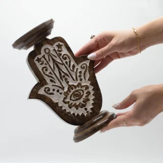 Large Candle Stand, Hamsa, Mango Wood, 25cm - Image 3