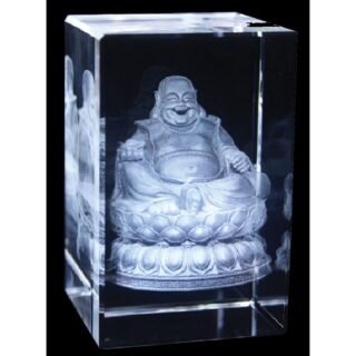 Laughing Buddha laser-etched crystal block with LED Stand