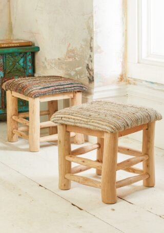 Mango Wood Stool with Hemp & Leather Seat