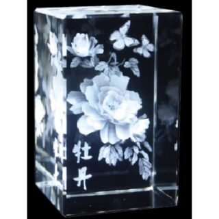 Peony with Butterflies laser-etched crystal block with LED Stand