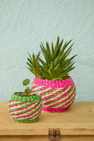 Pink Stripe Seagrass Basket Set