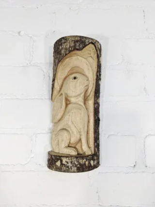 Hand Carved Rabbit in Tree Trunk Wall Hanger 28cm