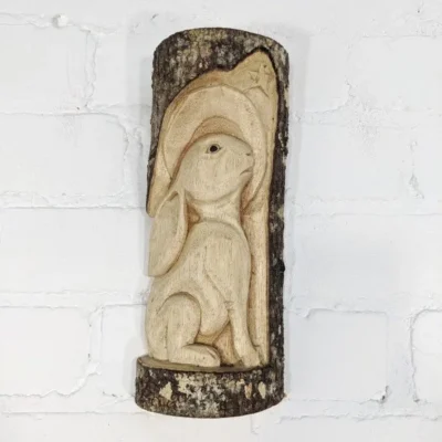 Hand Carved Rabbit in Tree Trunk Wall Hanger 28cm