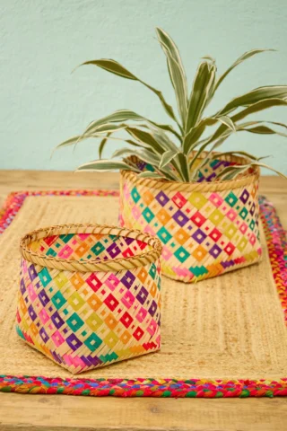 Rainbow Check Bamboo Storage Basket Set