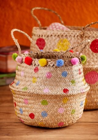 Rainbow Dot Pom Pom Seagrass Basket, Handcrafted
