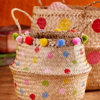 Rainbow Dot Pom Pom Seagrass Basket, Handcrafted