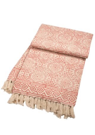Blockprint red cotton throw with tassels, 130 x 170cm