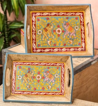 Jayan Elephant Set Of 2 Trays, Handpainted
