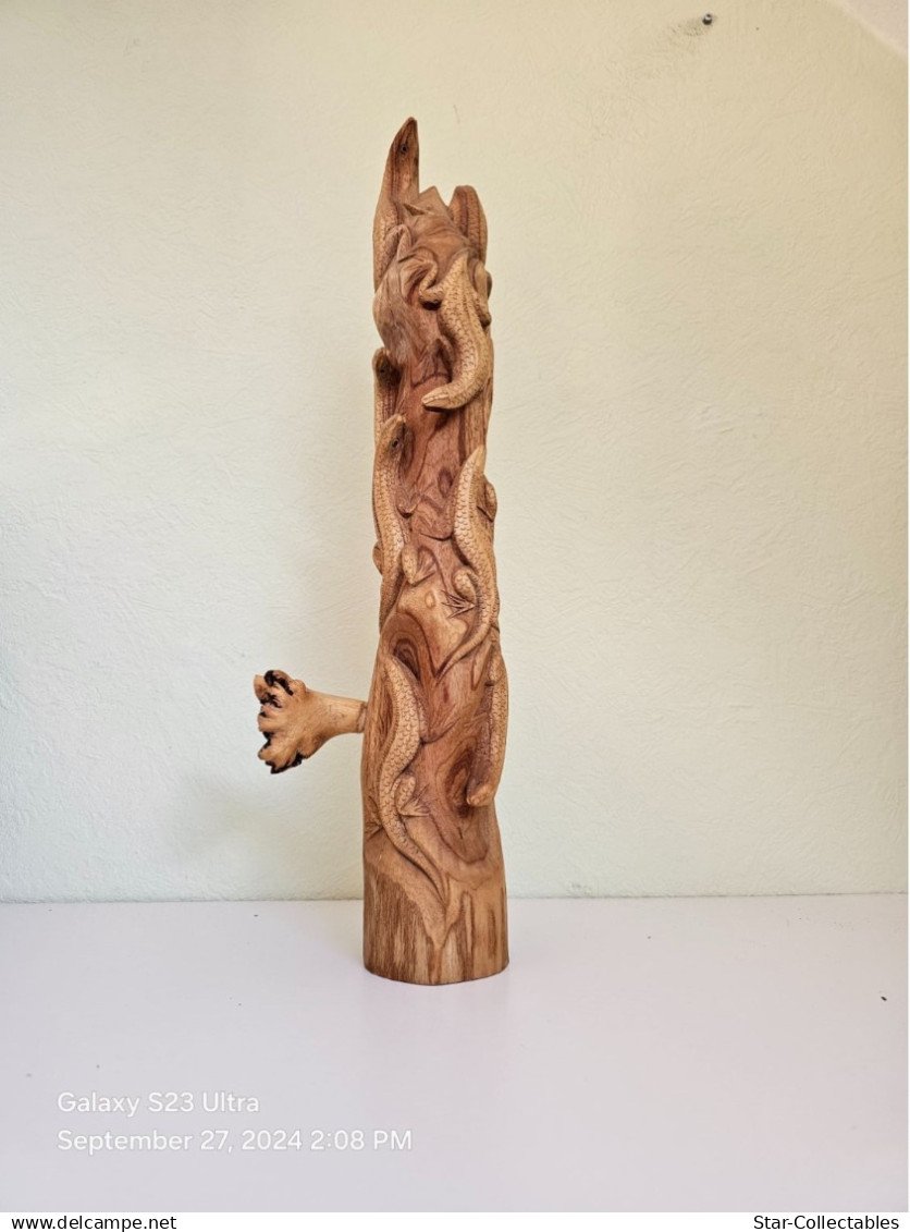 Vintage LIZARDS in TREE STUMP, Wood Sculpture/Figurine, 50cm