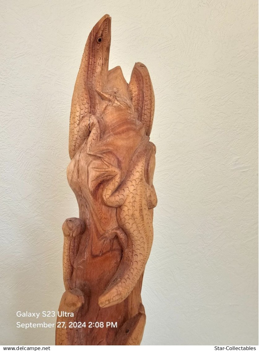 Vintage LIZARDS in TREE STUMP, Wood Sculpture/Figurine, 50cm - Image 2