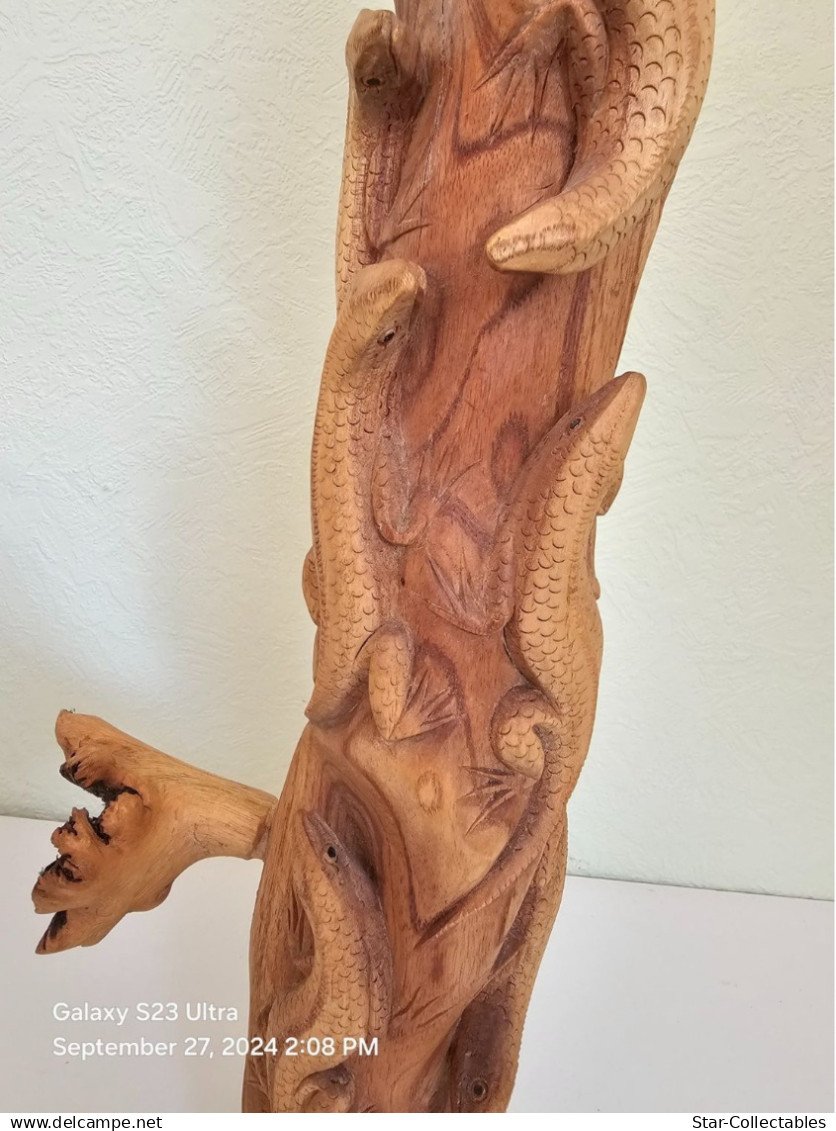 Vintage LIZARDS in TREE STUMP, Wood Sculpture/Figurine, 50cm - Image 3
