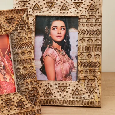 Handcarved Aztec Design Wood Photo Frame