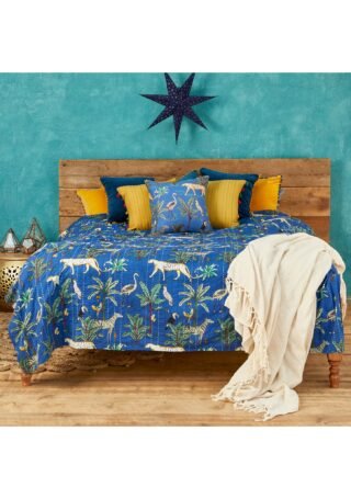 Jungle Print Kantha Bed Throw, Blue