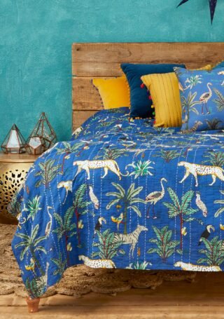 Jungle Print Kantha Bed Throw, Blue - Image 3
