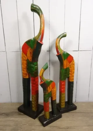 Set of 3 Large Handcrafted Wooden Elephant Sculptures