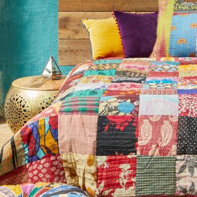 Kantha Stitch Quilted Bedcover/Throw, Handcrafted