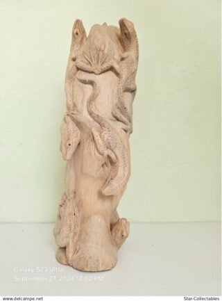 Vintage LIZARDS in TREE STUMP, Wood Sculpture/Figurine, 42cm