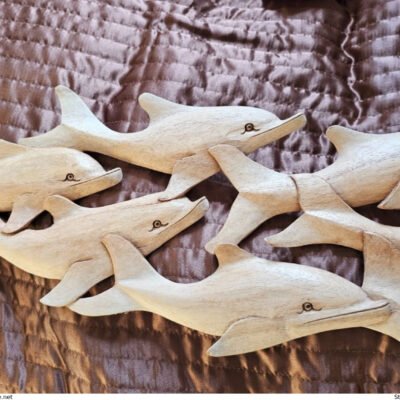 Vintage POD OF 7 DOLPHINS - Wood Sculpture/Wall Plaque, 70cm, Handcrafted