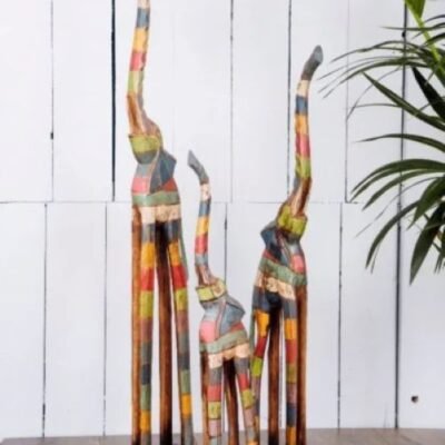 Set of 3 Handcrafted Striped Wooden Elephants